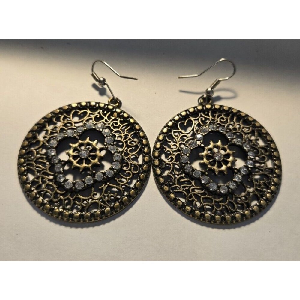 2" Detailed Antique Gold Rhinestone Round Disk Hanging Earrings